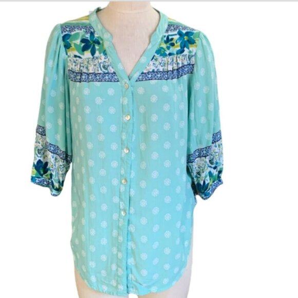 Figueroa & Flower Tops - Figueroa & Flower Top‎ BOHO Floral Button Up V-Neck Sz PL #354G